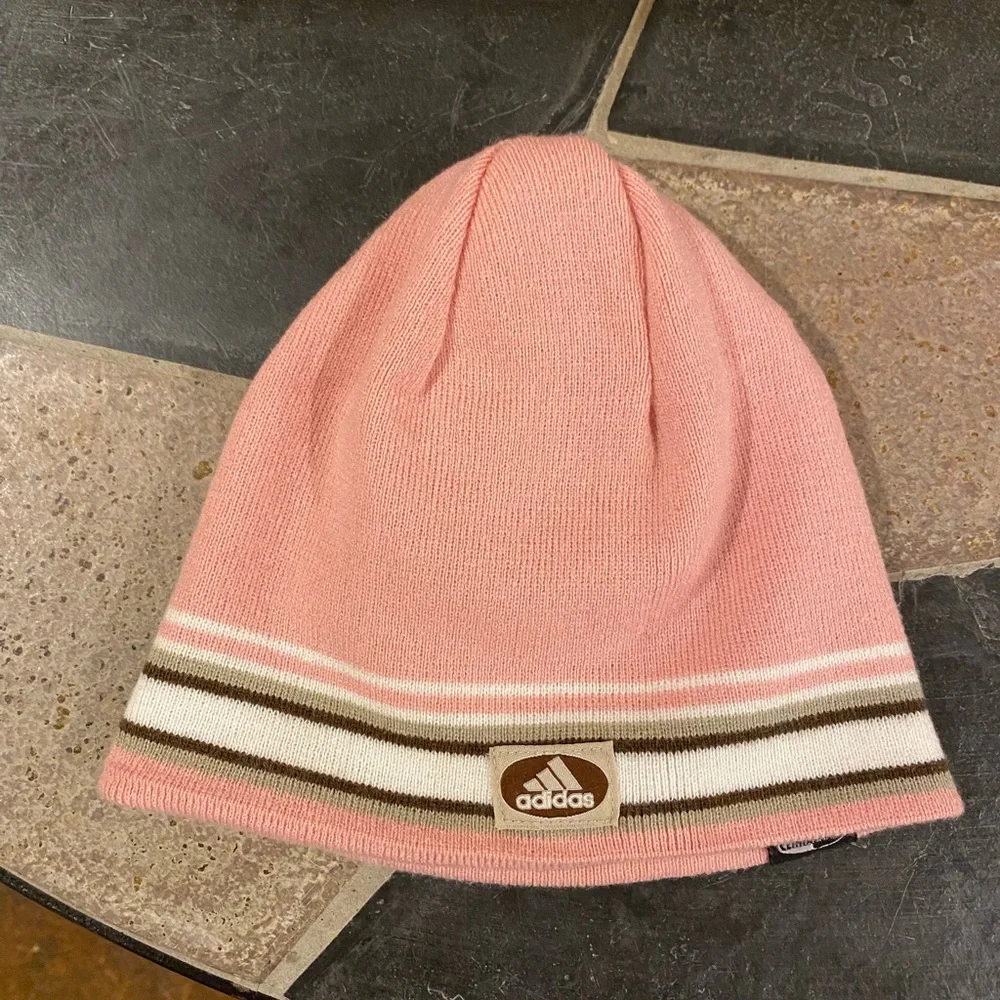 Y2K Adidas Reversible ClimaWarm Beanie Pink Brown White Stripes